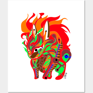 flames rabbit kaiju in rainbow electric colors in mexican patterns Posters and Art